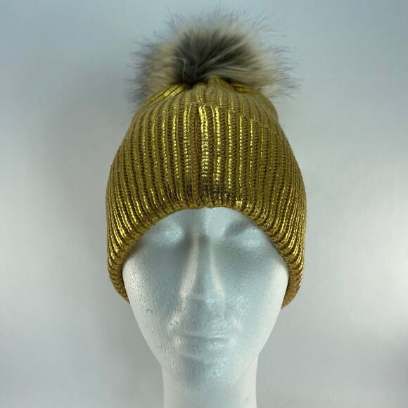 SCOOP Metallic Gold With Brown PomPom Womans Beanie - Picture 1 of 11